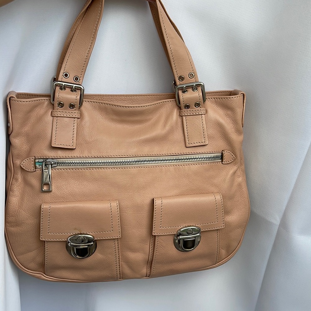 Marc Jacobs Stella peach pink beige Calfskin Leather Pocket Tote w/ teal suede